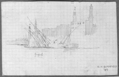 Edwin Howland Blashfield (American, 1848-1936). <em>Girga</em>, 1887. Graphite on preprinted graph paper mounted to paper and then to paperboard, Sheet: 3 5/8 x 5 5/8 in. (9.2 x 14.3 cm). Brooklyn Museum, Gift of John H. Field, 48.217.16b (Photo: Brooklyn Museum, 48.217.16b_bw.jpg)