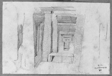 Edwin Howland Blashfield (American, 1848-1936). <em>Tomb No. 25, Assuan</em>, 1887. Graphite on paper mounted to paperboard, Sheet: 4 15/16 x 7 7/16 in. (12.5 x 18.9 cm). Brooklyn Museum, Gift of John H. Field, 48.217.17b (Photo: Brooklyn Museum, 48.217.17b_bw.jpg)
