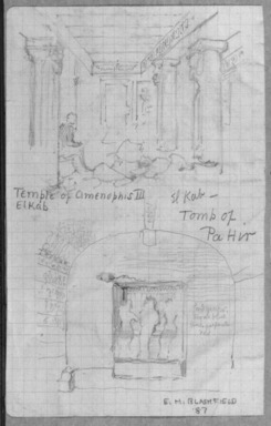 Edwin Howland Blashfield (American, 1848–1936). <em>Temple of Amenhotep III and Tomb of Paheri, Elkab</em>, 1887. Graphite on preprinted graph paper mounted to paperboard, Sheet: 5 5/8 x 3 9/16 in. (14.3 x 9 cm). Brooklyn Museum, Gift of John H. Field, 48.217.17c (Photo: Brooklyn Museum, 48.217.17c_bw.jpg)