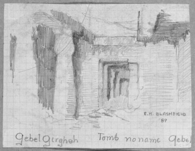 Edwin Howland Blashfield (American, 1848–1936). <em>Tomb Opposite Girga</em>, 1887. Graphite on preprinted graph paper mounted to paperboard, Sheet: 3 1/2 x 4 9/16 in. (8.9 x 11.6 cm). Brooklyn Museum, Gift of John H. Field, 48.217.17d (Photo: Brooklyn Museum, 48.217.17d_bw.jpg)