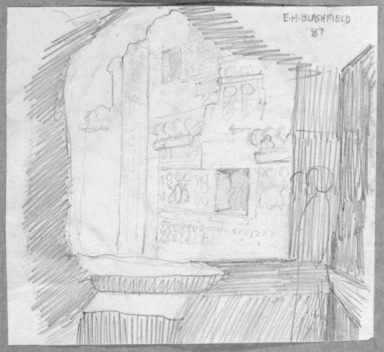 Edwin Howland Blashfield (American, 1848–1936). <em>Medinet Habu, Fortified Gate</em>, 1887. Graphite on paper mounted to paperboard, Sheet: 4 1/16 x 4 7/16 in. (10.3 x 11.3 cm). Brooklyn Museum, Gift of John H. Field, 48.217.17e (Photo: Brooklyn Museum, 48.217.17e_bw.jpg)