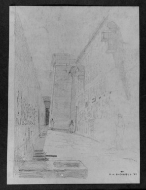 Edwin Howland Blashfield (American, 1848–1936). <em>Edgu, Horus Temple, East Corridor</em>, 1887. Graphite on paper mounted to gray paperboard, Sheet: 10 1/2 x 7 3/4 in. (26.7 x 19.7 cm). Brooklyn Museum, Gift of John H. Field, 48.217.18b (Photo: Brooklyn Museum, 48.217.18b_bw.jpg)
