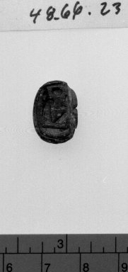  <em>Scarab of Amenhotep III</em>, ca. 1390–1352 B.C.E. Steatite, 1/4 x 7/16 x 5/8 in. (0.7 x 1.1 x 1.6 cm). Brooklyn Museum, Gift of Mrs. Lawrence Coolidge and Mrs. Robert Woods Bliss, and the Charles Edwin Wilbour Fund, 48.66.23. Creative Commons-BY (Photo: Brooklyn Museum, 48.66.23_bw.jpg)
