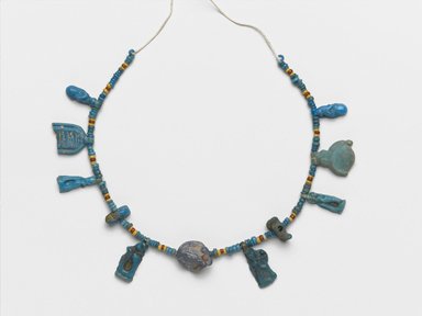  <em>Single-Strand Necklace</em>, ca. 1332-1292 B.C.E. Faience, 9/16 x 1/4 x 6 3/4 in. (1.4 x 0.6 x 17.1 cm). Brooklyn Museum, Gift of Mrs. Lawrence Coolidge and Mrs. Robert Woods Bliss, and the Charles Edwin Wilbour Fund, 48.66.43. Creative Commons-BY (Photo: Brooklyn Museum, 48.66.43_PS2.jpg)
