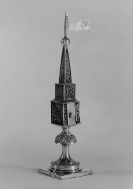 J.A. Goldman. <em>Spice Box for Habdalah Service</em>, 1873. Silver, 12 1/4 x 3 x 3 in. (31.1 x 7.6 x 7.6 cm). Brooklyn Museum, Purchased with funds given by Robert E. Blum, 49.228.12. Creative Commons-BY (Photo: Brooklyn Museum, 49.228.12_bw.jpg)
