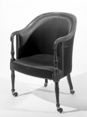 American. <em>Barrel Chair</em>, 1790-1810. Mahogany and black horsehair, 36 1/4 x 23 1/2 x 42 in. (92.1 x 59.7 x 106.7 cm). Brooklyn Museum, Bequest of Mrs. William Sterling Peters, 50.141.4. Creative Commons-BY (Photo: Brooklyn Museum, 50.141.4_bw.jpg)