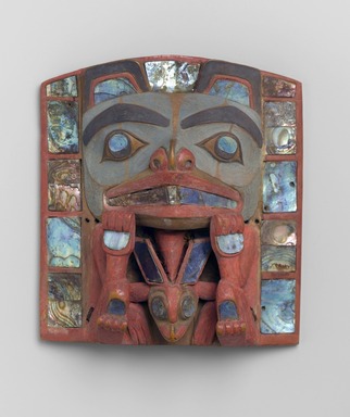 Charles Edenshaw (Haida, 1834–1924). <em>Headdress Frontlet</em>, late 19th century. Maple (Acer macrophyllum), Abalone shell (Haliotis refuscens and Haliotis fulgins), paint, fiber, 6 1/8 x 5 1/2 x 3 in. (15.6 x 14 x 7.6 cm). Brooklyn Museum, Gift of Helena Rubinstein, 50.158. Creative Commons-BY (Photo: Brooklyn Museum, 50.158_PS1.jpg)