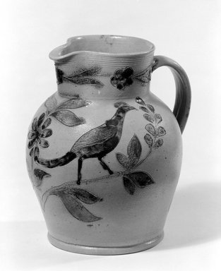 (probably) John Remmey III (1765–after 1831). <em>Pitcher</em>, ca. 1830. Stoneware, 8 5/8 x 7 5/8 x 6 3/4 in. (21.9 x 19.4 x 17.1 cm). Brooklyn Museum, Museum Collection Fund, 50.2. Creative Commons-BY (Photo: Brooklyn Museum, 50.2_bw.jpg)