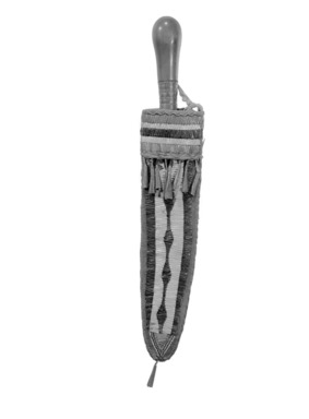 Probably Sioux. <em>Knife and Sheath</em>, early 19th century. Hide, metal, wood, porcupine quills, brass, skin, cloth, tin, sinew, knife: 10 3/8 x 1 1/8 in. (26.4 x 2.9 cm). Brooklyn Museum, Henry L. Batterman Fund and the Frank Sherman Benson Fund, 50.67.118a-b. Creative Commons-BY (Photo: Brooklyn Museum, 50.67.118a-b_bw_SL1.jpg)