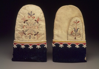 Red River Metis. <em>Mittens</em>, early 19th century. Buckskin, porcupine quills, bird quills, Stroud cloth (wool), silk ribbon, glass beads, cloth, thread, sinew, 10 x 5 3/4 in. (25.4 x 14.6 cm). Brooklyn Museum, Henry L. Batterman Fund and the Frank Sherman Benson Fund, 50.67.12a-b. Creative Commons-BY (Photo: Brooklyn Museum, 50.67.12a-b.jpg)