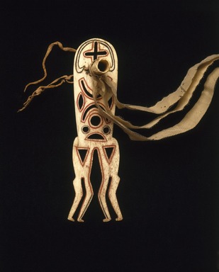 Sioux. <em>Roach Spreader</em>, early 19th century. White deer antler, golden eagle bone, hide thong, pigment, silk ribbon, eagle feather fragments


, with ribbons : 16 1/2 x 1 1/2 x 1 7/8 in. (41.9 x 3.8 x 4.8 cm). Brooklyn Museum, Henry L. Batterman Fund and the Frank Sherman Benson Fund, 50.67.163. Creative Commons-BY (Photo: Brooklyn Museum, 50.67.163_SL1.jpg)