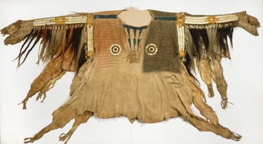 Sioux. <em>Shirt for Chief's War Dress</em>, 19th century. Buckskin, pony beads, porcupine quills, maidenhair fern stem, human hair, horsehair, dye, feather, 44 x 68 in. (111.8 x 172.7 cm). Brooklyn Museum, Henry L. Batterman Fund and Frank Sherman Benson Fund, 50.67.1a. Creative Commons-BY (Photo: Brooklyn Museum, 50.67.1a_edited_SL1.jpg)