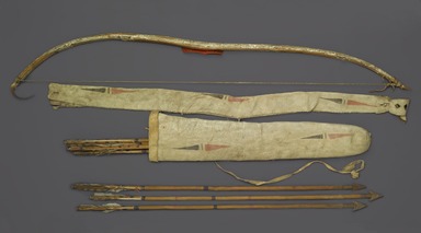 Probably Yankton, Nakota, Sioux. <em>Bow, Bow Case, Arrows and Quiver</em>, early 19th century. Elk horn, thread, horsehair, Stroud cloth, sinew, metal, pigment, buffalo hide, mallard scalps, remnants of feathers, bow: 4 1/2 x 1 1/2 x 44 in. (11.4 x 3.8 x 111.8 cm). Brooklyn Museum, Henry L. Batterman Fund and Frank Sherman Benson Fund, 50.67.27a-b. Creative Commons-BY (Photo: Brooklyn Museum, 50.67.27a-b_PS2.jpg)