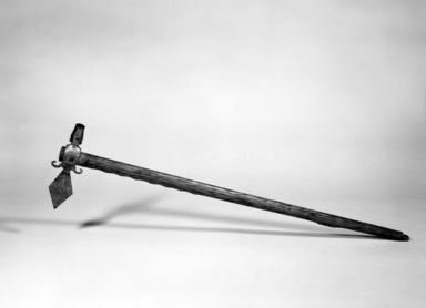 Eastern, Sioux. <em>Tomahawk Pipe</em>, early 19th century. Ash wood, metal, brass, 29 1/4 x 7 5/8 x 1 in. (74.3 x 19.4 x 2.5 cm). Brooklyn Museum, Henry L. Batterman Fund and the Frank Sherman Benson Fund, 50.67.69. Creative Commons-BY (Photo: Brooklyn Museum, 50.67.69_bw.jpg)
