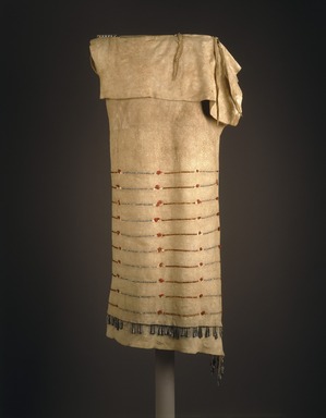 Yankton, Nakota, Sioux. <em>Sidefold Dress</em>, early 19th century. Buffalo hide(?), dyed bird and porcupine quills, copper, tinned iron and copper cones, glass pony beads, yarn, pigment, sinew, 50 x 16 in. (127 x 40.6 cm). Brooklyn Museum, Henry L. Batterman Fund and Frank Sherman Benson Fund, 50.67.6. Creative Commons-BY (Photo: Brooklyn Museum, 50.67.6_SL1.jpg)