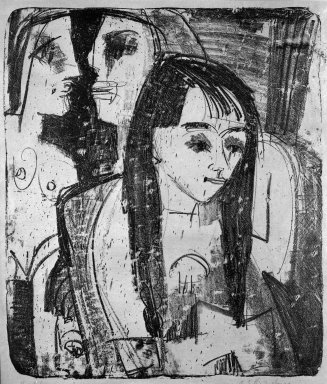Ernst Ludwig Kirchner (German, 1880-1938). <em>Portrait of a Girl (Daughter L.) (Mädchenbildnis [Tochter L.])</em>, 1921. Lithograph on rose wove paper, Image: 23 1/4 x 19 3/4 in. (59.1 x 50.2 cm). Brooklyn Museum, Gift of Albert Duveen, 50.89 (Photo: Brooklyn Museum, 50.89_acetate_bw.jpg)
