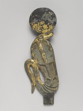  <em>Uraeus with Solar Disk</em>, 305–30 B.C.E. Bronze, gold, 4 15/16 x 2 x 1 1/2 in. (12.6 x 5.1 x 3.8 cm). Brooklyn Museum, Charles Edwin Wilbour Fund, 51.147.2. Creative Commons-BY (Photo: Brooklyn Museum, 51.147.2_front_PS4.jpg)