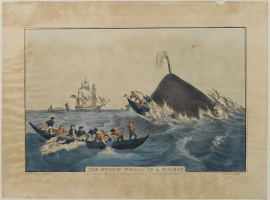 Nathaniel Currier (American, 1813-1888). <em>The Sperm Whale in a Flurry</em>, 1852. Lithograph, hand colored on heavy wove paper, 8 3/8 x 12 13/16 in. (21.2 x 32.5 cm). Brooklyn Museum, Gift of Mary van Kleeck, 51.153 (Photo: Brooklyn Museum, 51.153_PS1.jpg)