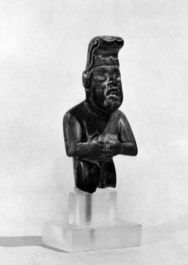 Olmec. <em>Male Figurine</em>, ca. 800-500 BCE. Jadeite, cinnabar, 2 x 3/4 x 3 1/2 in. (5.1 x 1.9 x 8.9 cm). Brooklyn Museum, Gift of Mr. and Mrs. Alastair Bradley Martin, 51.197.2. Creative Commons-BY (Photo: Brooklyn Museum, 51.197.2_bw.jpg)