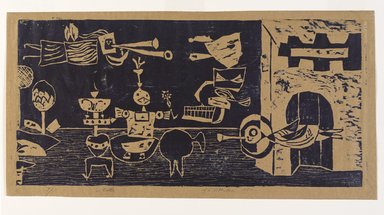Roy Lichtenstein (American, 1923-1997). <em>To Battle</em>, 1950. Woodcut on paper, sheet: 12 15/16 x 25 1/4 in. (32.9 x 64.1 cm). Brooklyn Museum, Dick S. Ramsay Fund, 51.44. © artist or artist's estate (Photo: Brooklyn Museum, 51.44_PS9.jpg)