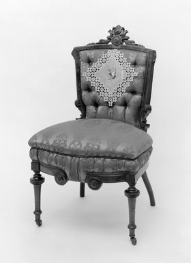 Thomas Brooks (American, 1811–1887). <em>Side Chair</em>, 1872. Walnut, modern upholstery, 38 1/4 x 23 x 17 1/2 in. (97.2 x 58.4 x 44.5 cm). Brooklyn Museum, Gift of Arthur W. Clement, 52.118. Creative Commons-BY (Photo: Brooklyn Museum, 52.118_bw.jpg)