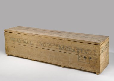  <em>Coffin and Cover of Princess Mayet</em>, ca. 2008-1957 B.C.E. Wood (Mediterranean cypress - Cupressus sempervirens, Sycamore fig - ficus sycomorus, tamarisk - Tamarix sp.), pigment, 19 × 15 1/2 × 72 in. (48.3 × 39.4 × 182.9 cm). Brooklyn Museum, Charles Edwin Wilbour Fund, 52.127a-b. Creative Commons-BY (Photo: Brooklyn Museum, 52.127a-b_PS9.jpg)