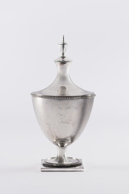 Myer Myers (American, 1723–1795). <em>Sugar Bowl with Lid</em>, ca. 1770–1795. Silver, 9 1/4 x 4 1/2 in.  (23.5 x 11.4 cm). Brooklyn Museum, Gift of Stephen Ensko, 52.154a-b. Creative Commons-BY (Photo: Brooklyn Museum, 52.154a-b_PS22.jpg)