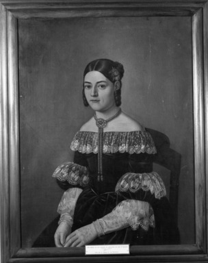 Unknown. <em>Portrait of Doña María de los Angeles de Cervantes Ozta y de Velasco</em>, ca. 1835. Oil on canvas, 32 1/2 x 24 13/16 in. (82.5 x 63 cm). Brooklyn Museum, Museum Collection Fund and Dick S. Ramsay Fund, 52.166.12 (Photo: Brooklyn Museum, 52.166.12_framed_acetate_bw.jpg)