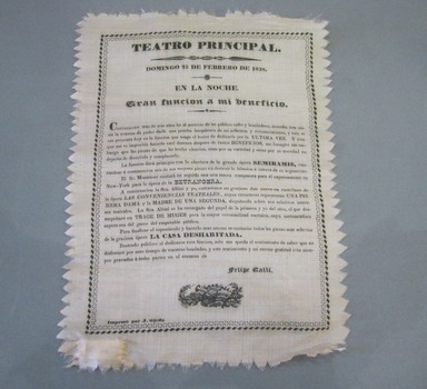  <em>Theater Program</em>, 1838. Silk, 8 x 11 in. (20.3 x 27.9 cm). Brooklyn Museum, Museum Collection Fund and Dick S. Ramsay Fund, 52.166.66. Creative Commons-BY (Photo: Brooklyn Museum, 52.166.66.JPG)