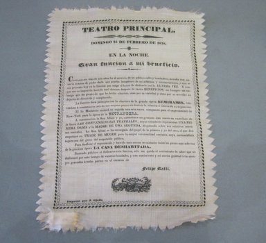 <em>Theater Program</em>, 1838. Silk, 8 x 11 in. (20.3 x 27.9 cm). Brooklyn Museum, Museum Collection Fund and Dick S. Ramsay Fund, 52.166.66. Creative Commons-BY (Photo: Brooklyn Museum, 52.166.66.jpg)