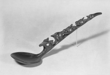 Haida. <em>Carved Spoon with Five Animal Heads</em>, late 19th-early 20th century. Horn, mother of pearl, 7 1/2 x 1 15/16 in. (19 x 4.9cm). Brooklyn Museum, Gift of Elizabeth Achelis, 52.4.3a. Creative Commons-BY (Photo: Brooklyn Museum, 52.4.3a_acetate_bw.jpg)