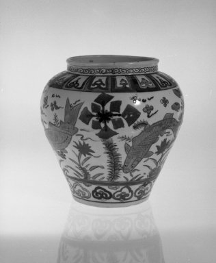  <em>Globular Jar</em>, 1522–1566. Porcelain, underglaze cobalt blue decoration, overglaze, 9 3/16 x 8 15/16 in. (23.3 x 22.7 cm). Brooklyn Museum, The William E. Hutchins Collection, Bequest of Augustus S. Hutchins, 52.49.14. Creative Commons-BY (Photo: Brooklyn Museum, 52.49.14_bw.jpg)