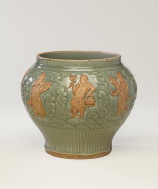  <em>Wine Jar with Eight Immortals</em>, 1271-1368. High-fired green ware (celadon), 10 x 10 15/16 x 11 5/8 in. (25.4 x 27.8 x 29.5 cm). Brooklyn Museum, The William E. Hutchins Collection, Bequest of Augustus S. Hutchins, 52.49.33. Creative Commons-BY (Photo: Brooklyn Museum, 52.49.33_PS9.jpg)