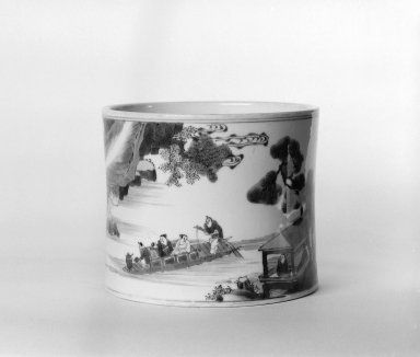  <em>Brush Jar</em>, 1662–1722. Porcelain, underglaze cobalt blue decoration, 6 1/2 x 7 1/2 in. (16.5 x 19 cm). Brooklyn Museum, The William E. Hutchins Collection, Bequest of Augustus S. Hutchins, 52.49.4. Creative Commons-BY (Photo: Brooklyn Museum, 52.49.4_bw.jpg)