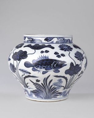 <em>Wine Jar with Fish and Aquatic Plants</em>, 14th century. Porcelain with underglaze cobalt blue decoration, 11 15/16 x 13 3/4in. (30.3 x 34.9cm). Brooklyn Museum, The William E. Hutchins Collection, Bequest of Augustus S. Hutchins, 52.87.1. Creative Commons-BY (Photo: Brooklyn Museum, 52.87.1_side1_PS9.jpg)