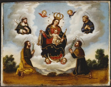 Mexican. <em>Our Lady of the Rosary with Saints</em>, 18th century. Oil on stone (tecali), 11 1/4 x 14 7/16 x 3/4 in. (28.6 x 36.7 x 1.9 cm). Brooklyn Museum, Gift of John Wise, 52.8 (Photo: Brooklyn Museum, 52.8_SL3.jpg)