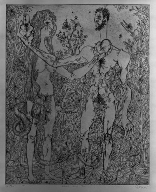 Gabor Peterdi (American, born Hungary, 1915-2001). <em>Adam and Eve</em>, 1947. Etching on paper, 19 11/16 x 15 3/4 in. (50 x 40 cm). Brooklyn Museum, Gift of Martin Segal, 53.114.2. © artist or artist's estate (Photo: Brooklyn Museum, 53.114.2_acetate_bw.jpg)
