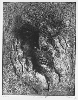 Gabor Peterdi (American, born Hungary, 1915-2001). <em>Despair III</em>, 1938. Etching and engraving on paper, 12 7/16 x 9 13/16 in. (31.6 x 25 cm). Brooklyn Museum, Gift of Martin Segal, 53.114.4. © artist or artist's estate (Photo: Brooklyn Museum, 53.114.4_bw.jpg)