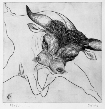 Gabor Peterdi (American, born Hungary, 1915-2001). <em>The Bull</em>, 1939. Engraving on paper, 13 x 17 11/16 in. (33 x 45 cm). Brooklyn Museum, Gift of the artist, 53.132.2. © artist or artist's estate (Photo: Brooklyn Museum, 53.132.2_bw.jpg)