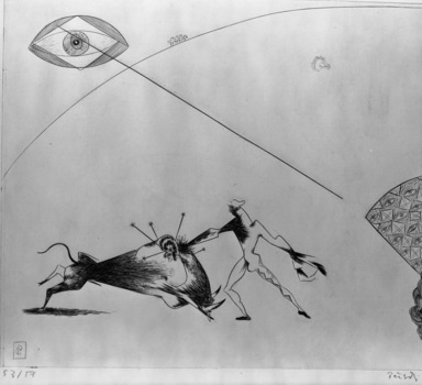 Gabor Peterdi (American, born Hungary, 1915-2001). <em>The Arena</em>, 1939. Engraving on paper, 13 x 17 11/16 in. (33 x 45 cm). Brooklyn Museum, Gift of the artist, 53.132.3. © artist or artist's estate (Photo: Brooklyn Museum, 53.132.3_acetate_bw.jpg)