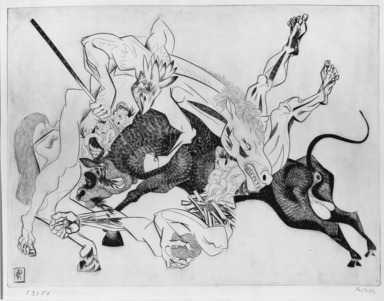 Gabor Peterdi (American, born Hungary, 1915-2001). <em>La Grande Bataille</em>, 1939. Engraving on paper, 13 x 17 11/16 in. (33 x 45 cm). Brooklyn Museum, Gift of the artist, 53.132.6. © artist or artist's estate (Photo: Brooklyn Museum, 53.132.6_acetate_bw.jpg)
