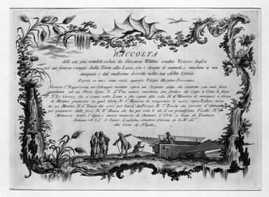 Filippo Morghen (Italian, 1730-1807). <em>Land of the Moon, Plate 1</em>, 1764. Etching on laid paper, 10 13/16 x 14 3/4 in. (27.5 x 37.5 cm). Brooklyn Museum, Frank L. Babbott Fund, 53.195.1 (Photo: Brooklyn Museum, 53.195.1_bw.jpg)