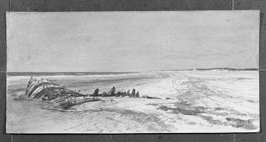 William Trost Richards (American, 1833-1905). <em>Beach Scene with Wreck</em>. Watercolor, 6 3/4 x 13 7/8 in. (17.1 x 35.2 cm). Brooklyn Museum, Bequest of Mrs. William T. Brewster through the National Academy of Design, 53.226 (Photo: Brooklyn Museum, 53.226_acetate_bw.jpg)