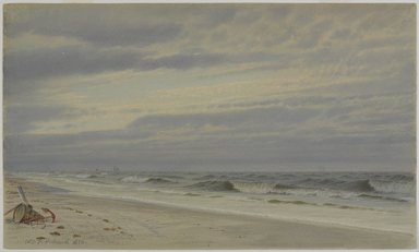 William Trost Richards (American, 1833-1905). <em>Beach Scene with Barrel and Anchor</em>, 1870. Watercolor and opaque watercolor with graphite underdrawing on wove paper, 8 5/16 x 13 15/16 in. (21.1 x 35.4 cm). Brooklyn Museum, Bequest of Mrs. William T. Brewster through the National Academy of Design, 53.227 (Photo: Brooklyn Museum, 53.227_PS9.jpg)