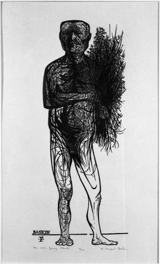 Leonard Baskin (American, 1922-2000). <em>Man with Spring Plants</em>, ca. 1953. Woodcut Brooklyn Museum, Anonymous gift, 53.236.5. © artist or artist's estate (Photo: Brooklyn Museum, 53.236.5_bw.jpg)