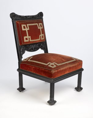 Attributed to George A. Schastey (1839–1894). <em>Side Chair</em>, ca. 1881. Ebonized oak, second generation upholstery, metal casters, 37 1/2 x 23 x 23 1/2 in. (95.3 x 58.4 x 59.7 cm). Brooklyn Museum, Gift of John D. Rockefeller III, 53.245.1. Creative Commons-BY (Photo: Brooklyn Museum, 53.245.1_PS9.jpg)