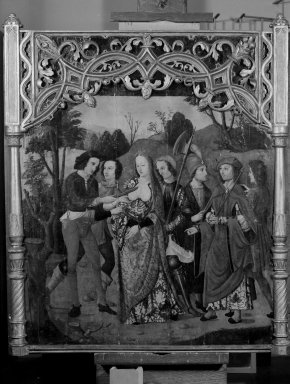 Andrés López (Spanish, documented 1505-1515). <em>Martyrdom of St. Agatha</em>, early 16th century. Oil on panel, 56 7/8 × 50 in. (144.5 × 127 cm). Brooklyn Museum, Gift of Mrs. J. Fuller Feder, 53.91 (Photo: Brooklyn Museum, 53.91_bw.jpg)