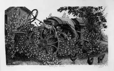 Grace Arnold Albee (American, 1890–1995). <em>Entangled Tractor</em>, 1945. Wood engraving on paper, 4 1/2 x 8 1/16 in. (11.5 x 20.5 cm). Brooklyn Museum, Dick S. Ramsay Fund, 54.109.2. © artist or artist's estate (Photo: Brooklyn Museum, 54.109.2_bw.jpg)