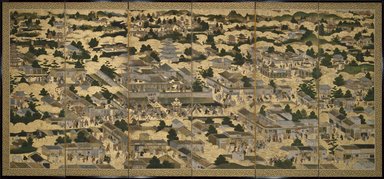  <em>Views In and Around Kyoto (Rakuchu rakugai zu)</em>, ca.1616-1624. Ink, color and gold leaf on paper, 68 5/8 x 130 x 12 in. (174.3 x 330.2 x 30.5 cm). Brooklyn Museum, Gift of W. W. Hoffman, 54.144a-b. Creative Commons-BY (Photo: Brooklyn Museum, 54.144a_SL3.jpg)