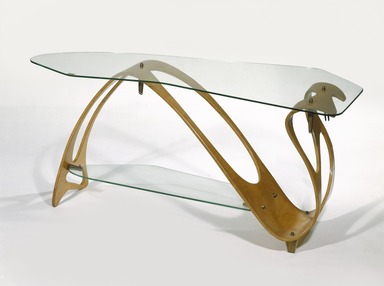 Carlo Mollino (Italian, 1905-1973). <em>Tea Table</em>, ca. 1949. Maple plywood, glass, brass, 20 1/2 x 47 1/2 x 21 1/4 in. (52.1 x 120.7 x 54 cm). Brooklyn Museum, Gift of the Italian Government, 54.64.231a-c. Creative Commons-BY (Photo: Brooklyn Museum, 54.64.231a-c_edited_SL1.jpg)